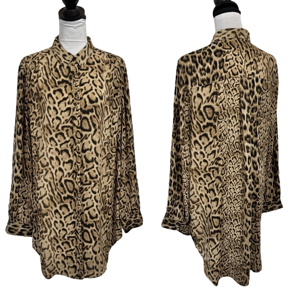 Express Leopard Print Button Down Size XL Super Long Tunic Relaxed Flowy Brown‎